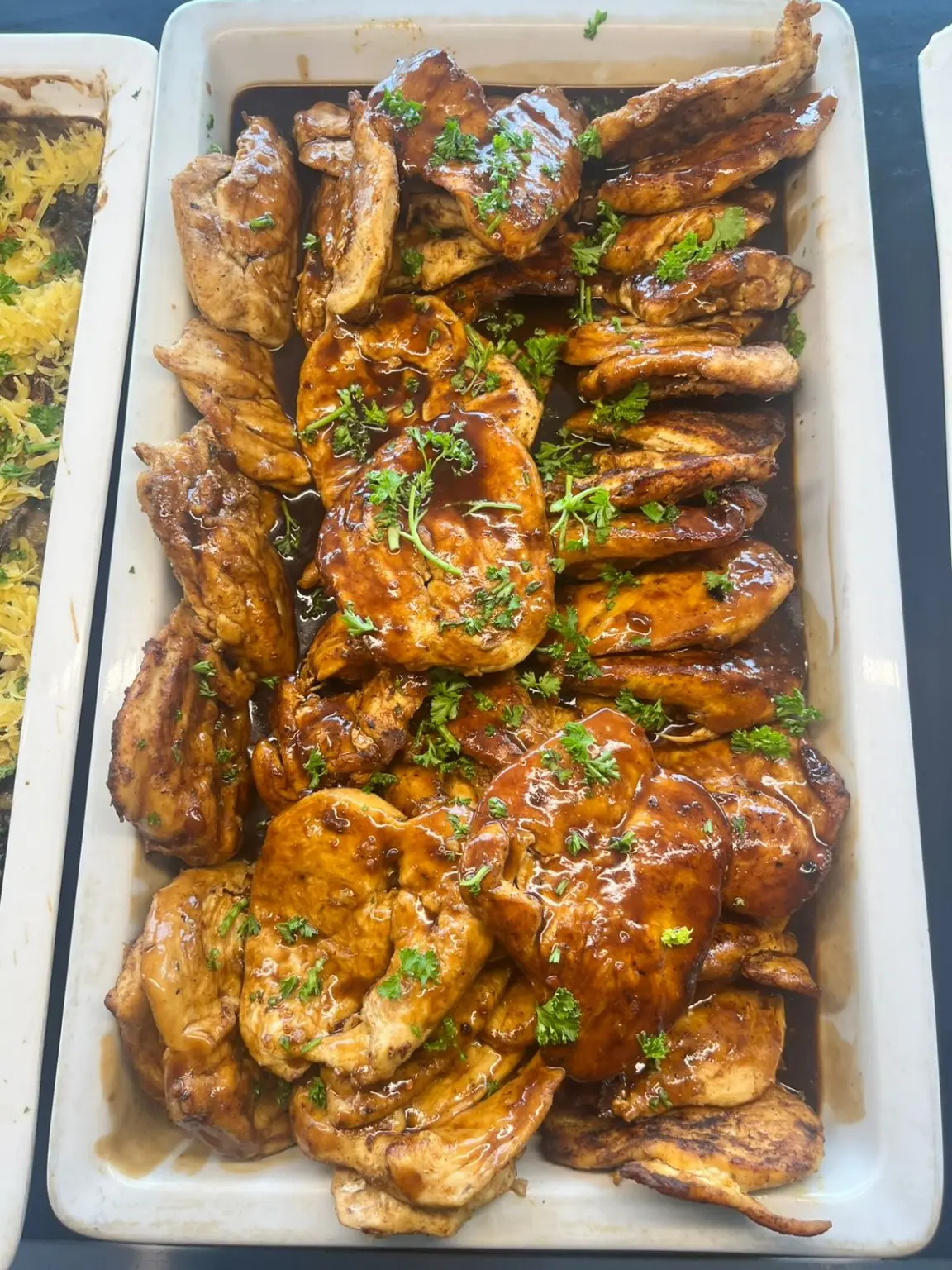Roast chicken arranged for buffet service